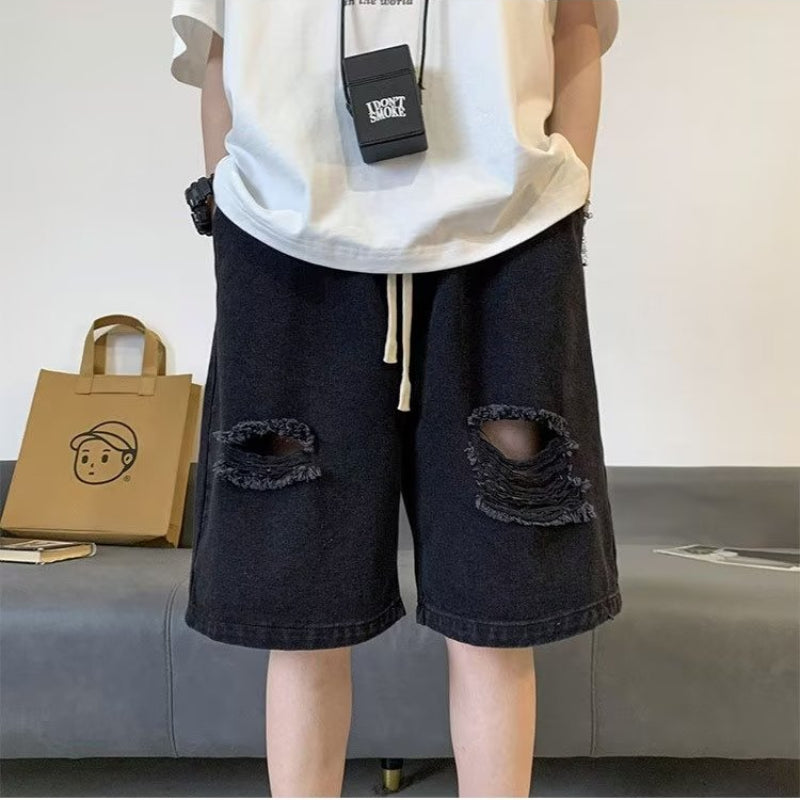 Men Jeans Light Blue Drawstring Ripped Denim Shorts Oversize