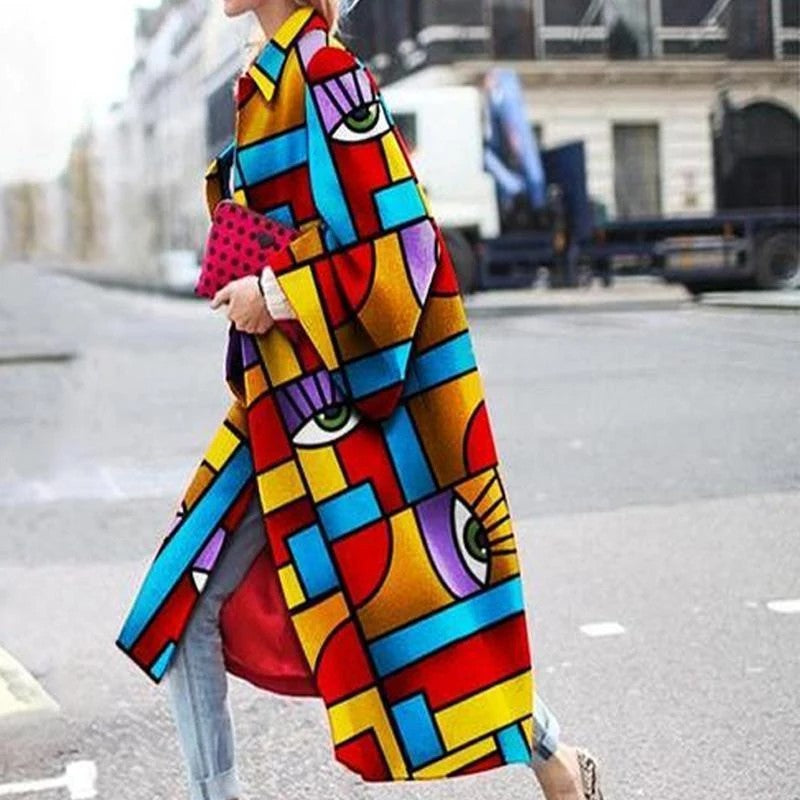 Women Trench Coat Autumn and Winter Long Bell Sleeve Jacket Printed Loose Trench Coat