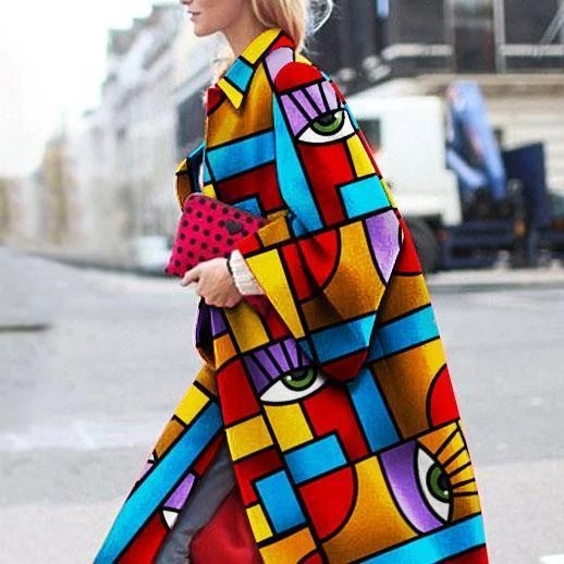 Women Trench Coat Autumn and Winter Long Bell Sleeve Jacket Printed Loose Trench Coat