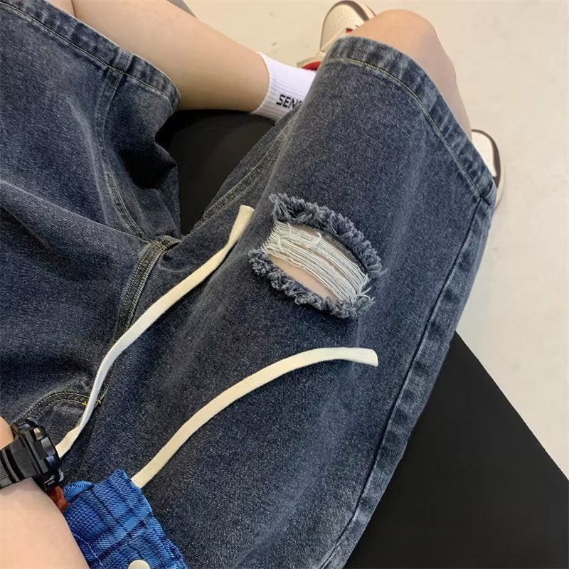 Men Jeans Light Blue Drawstring Ripped Denim Shorts Oversize
