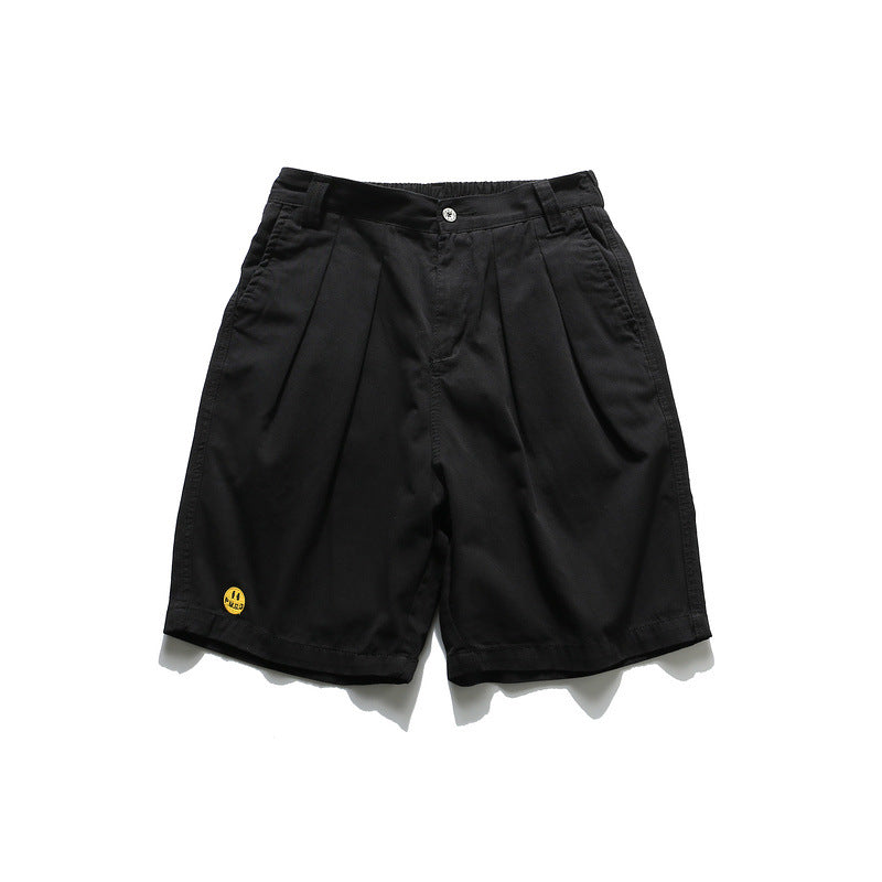 Men Shorts Smiley Embroidery Mark Solid Color Overalls Casual Shorts