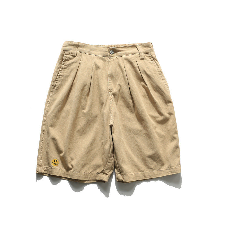 Men Shorts Smiley Embroidery Mark Solid Color Overalls Casual Shorts