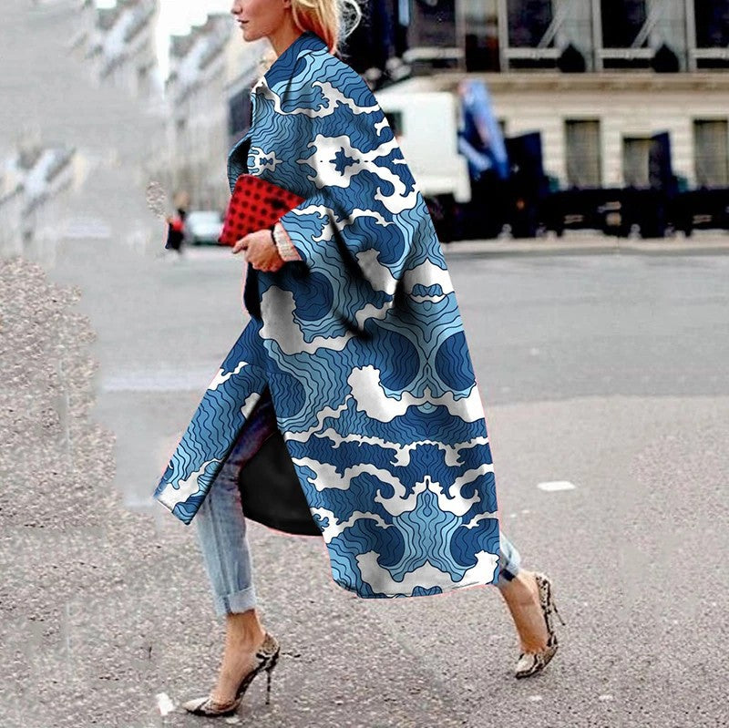 Women Trench Coat Autumn and Winter Long Bell Sleeve Jacket Printed Loose Trench Coat
