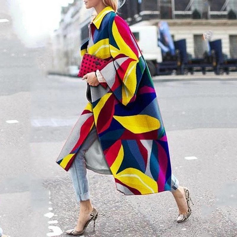Women Trench Coat Autumn and Winter Long Bell Sleeve Jacket Printed Loose Trench Coat
