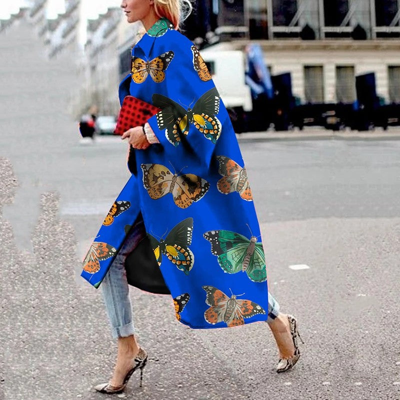 Women Trench Coat Autumn and Winter Long Bell Sleeve Jacket Printed Loose Trench Coat