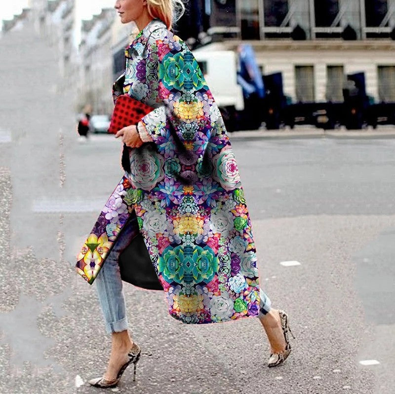 Women Trench Coat Autumn and Winter Long Bell Sleeve Jacket Printed Loose Trench Coat