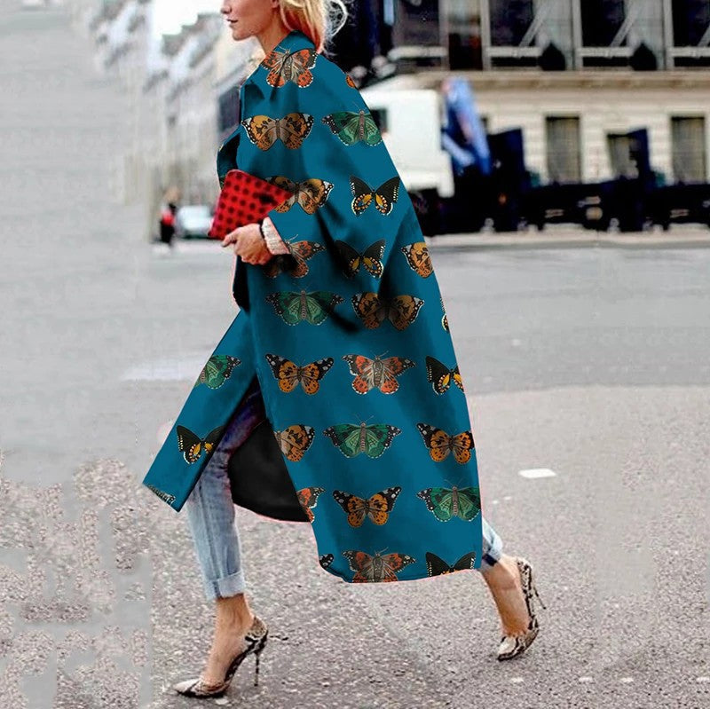 Women Trench Coat Autumn and Winter Long Bell Sleeve Jacket Printed Loose Trench Coat