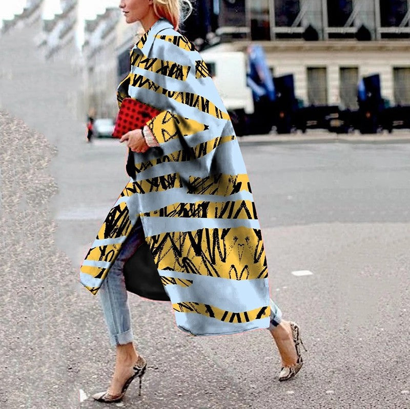 Women Trench Coat Autumn and Winter Long Bell Sleeve Jacket Printed Loose Trench Coat