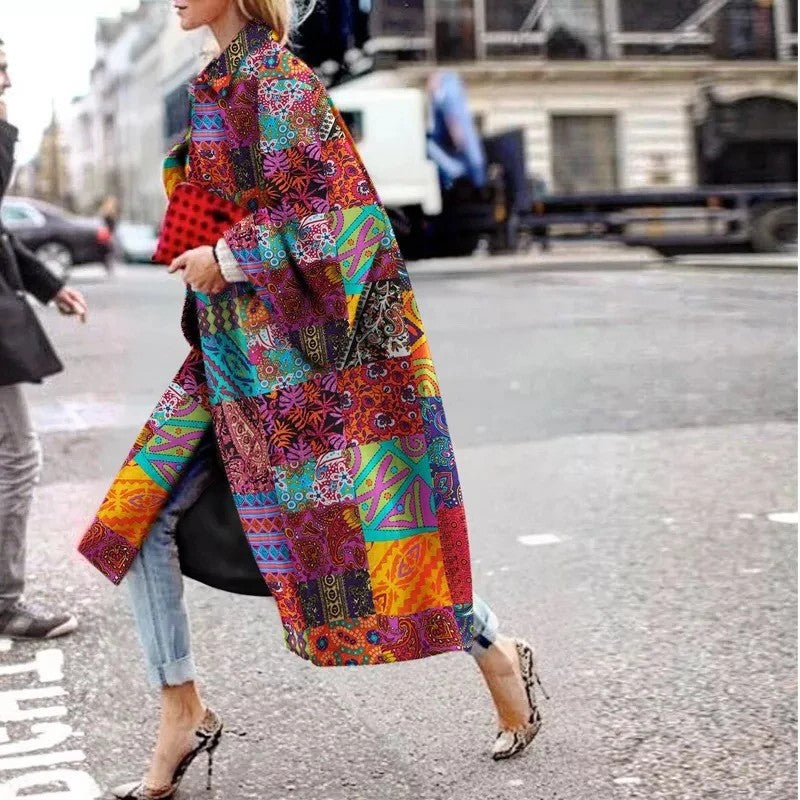 Women Trench Coat Autumn and Winter Long Bell Sleeve Jacket Printed Loose Trench Coat