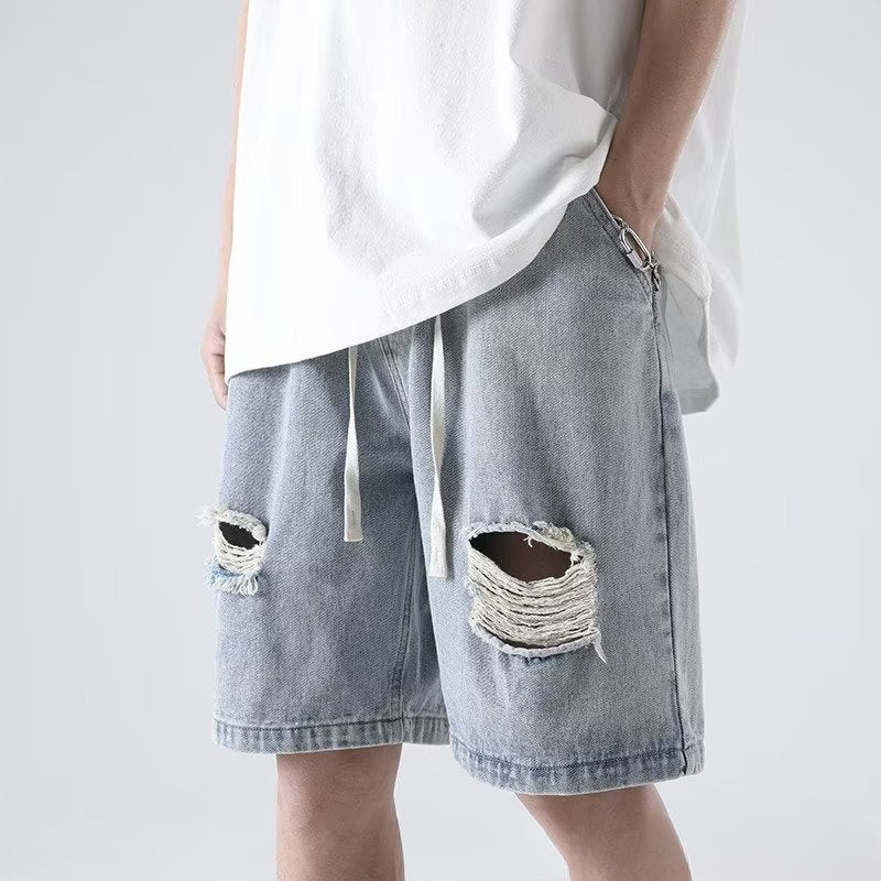 Men Jeans Ripped Denim Shorts Men's Summer Straight-Leg Pants