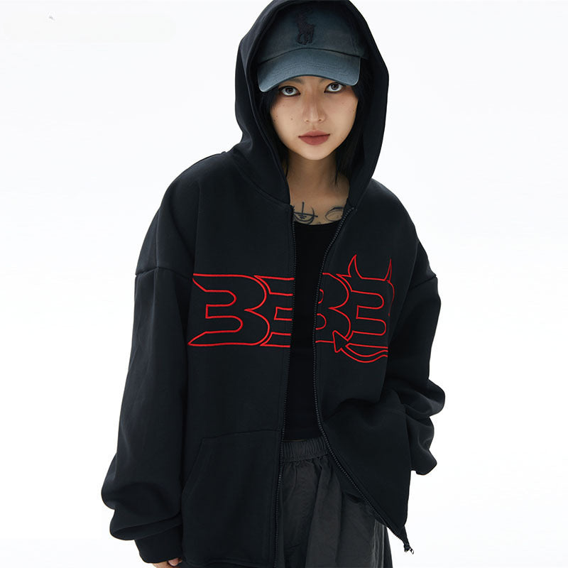 Men Hoodie Letter Embroidery Sports Hooded Sweater Cardigan