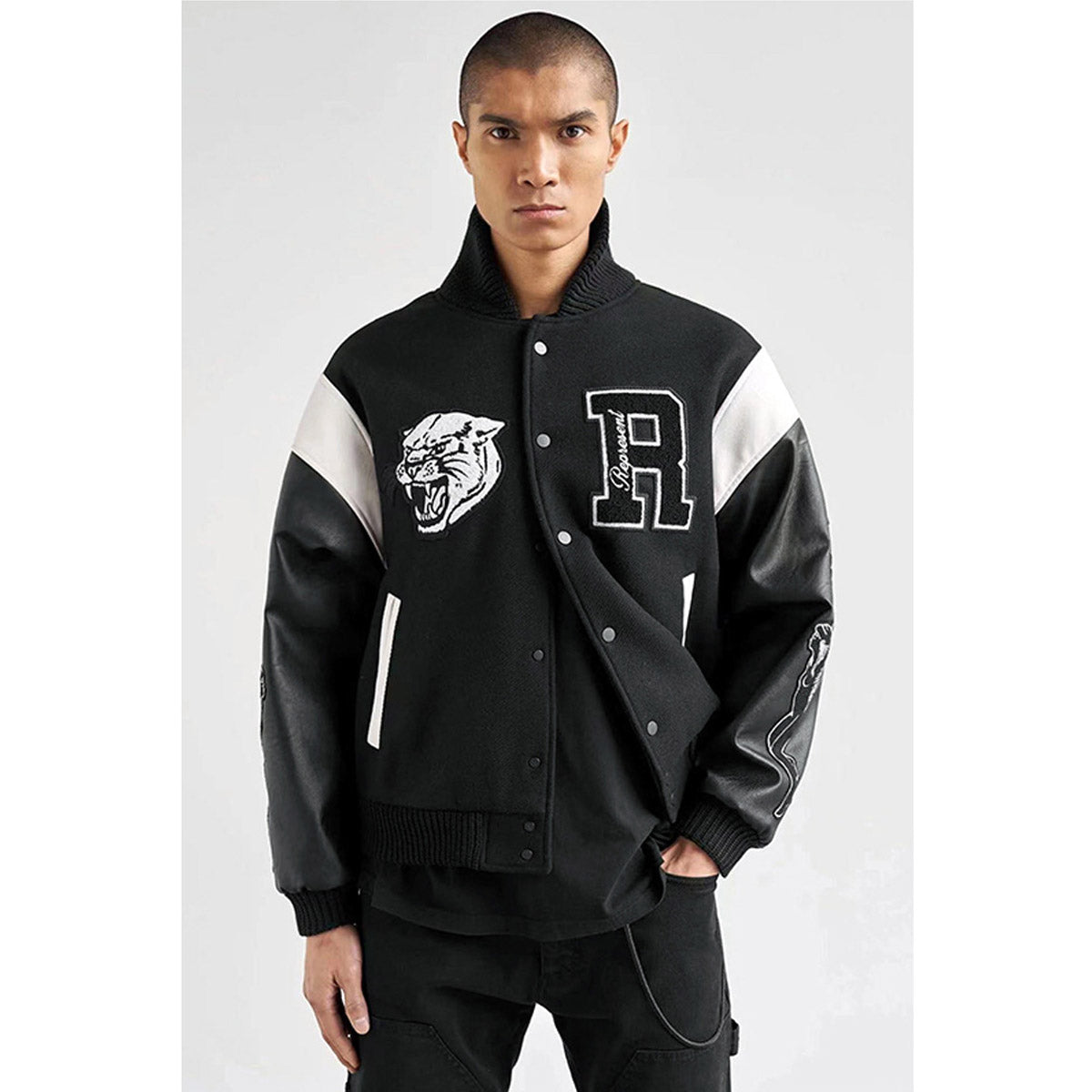 Unisex Baseball Jersey Represents Loose Leather Sleeve Baseball Jacket