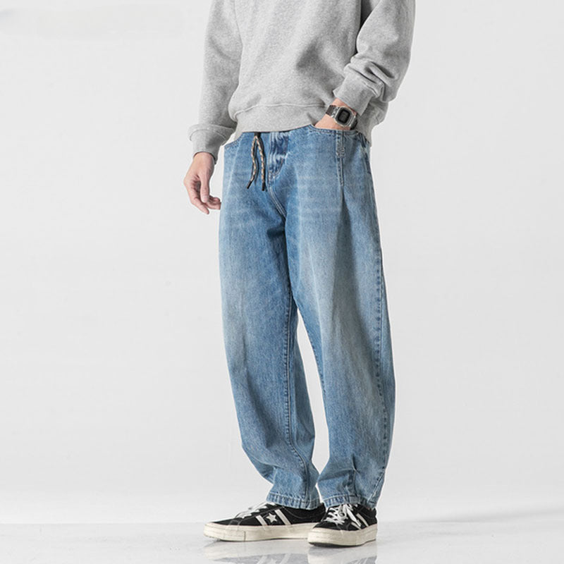 Men Jeans Light Blue Wash Water Ankle-Tied Jeans