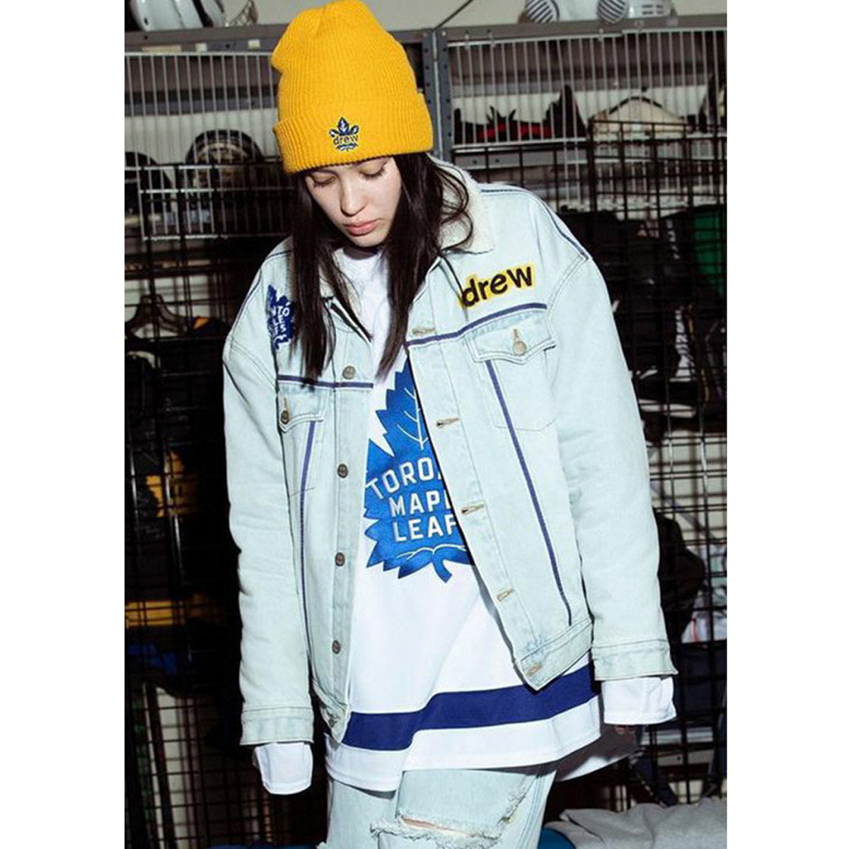 Unisex Denim Jacket Drew Bear Lapel Fleece Fleece Denim Jacket