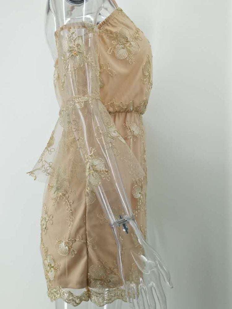 Women's Evening Gown Summer Sexy V-neck Gold Thread Embroidered One-Piece Shorts