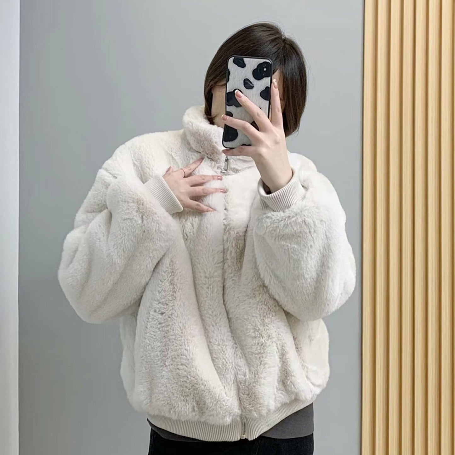 Women Cotton Coat Imitate Rex Rabbit Fur Fur Outer Loose Jacket