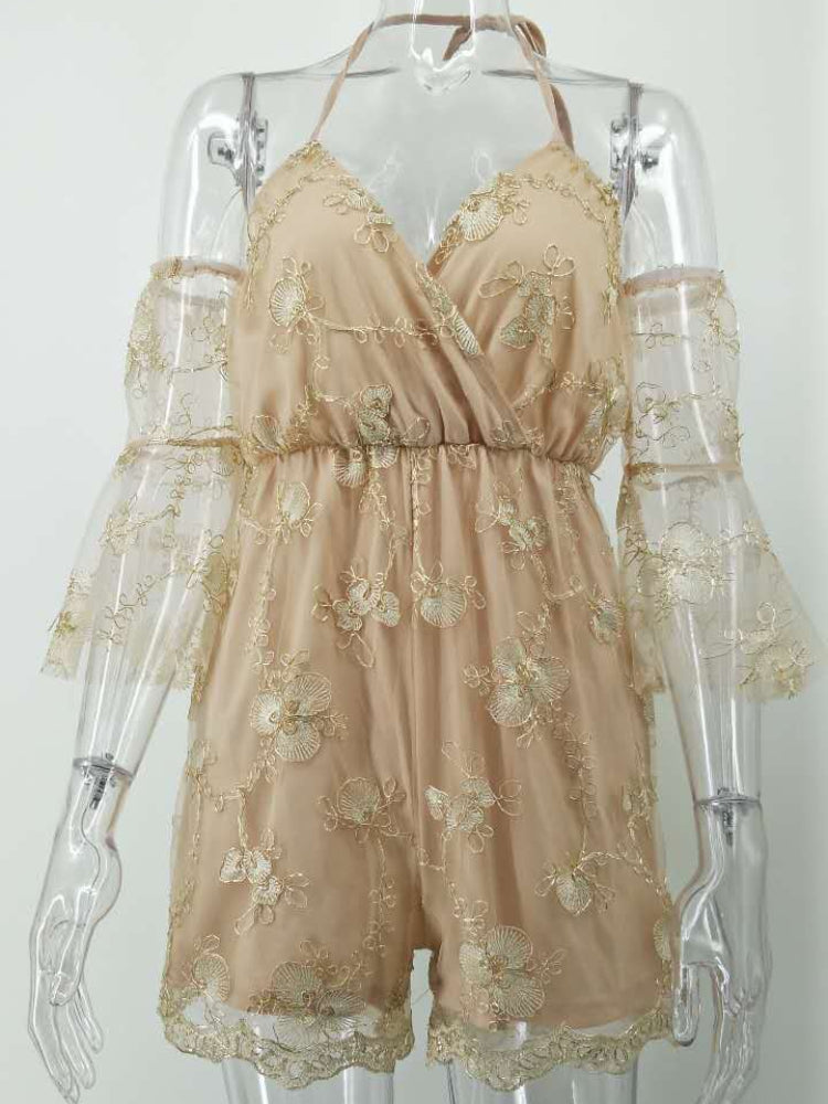 Women's Evening Gown Summer Sexy V-neck Gold Thread Embroidered One-Piece Shorts
