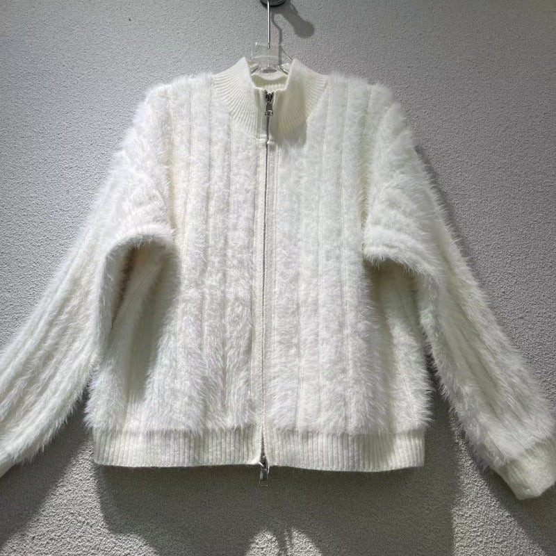 Women Knitted Cardigan Imitated Mink Plush Coat Jacket Loose Knitted Cardigan