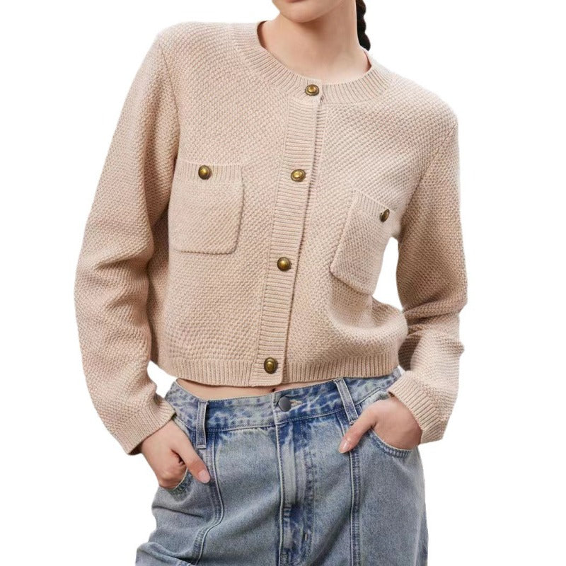 Women Knitted Cardigan Long-Sleeved Pink Knitted Cardigan Jacket