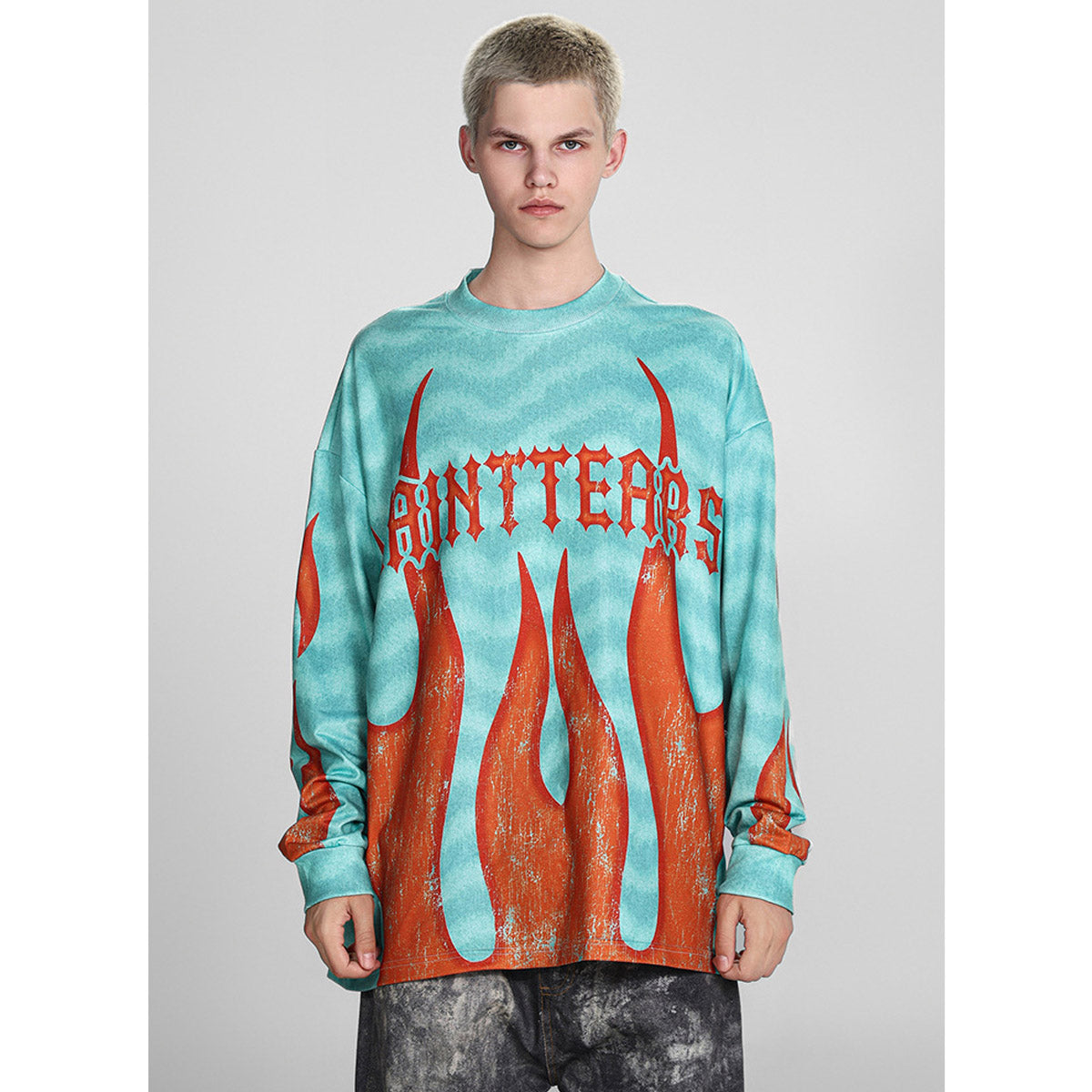 Mens Long Sleeve Shirt Saint Michael Flame Pattern Long Sleeve