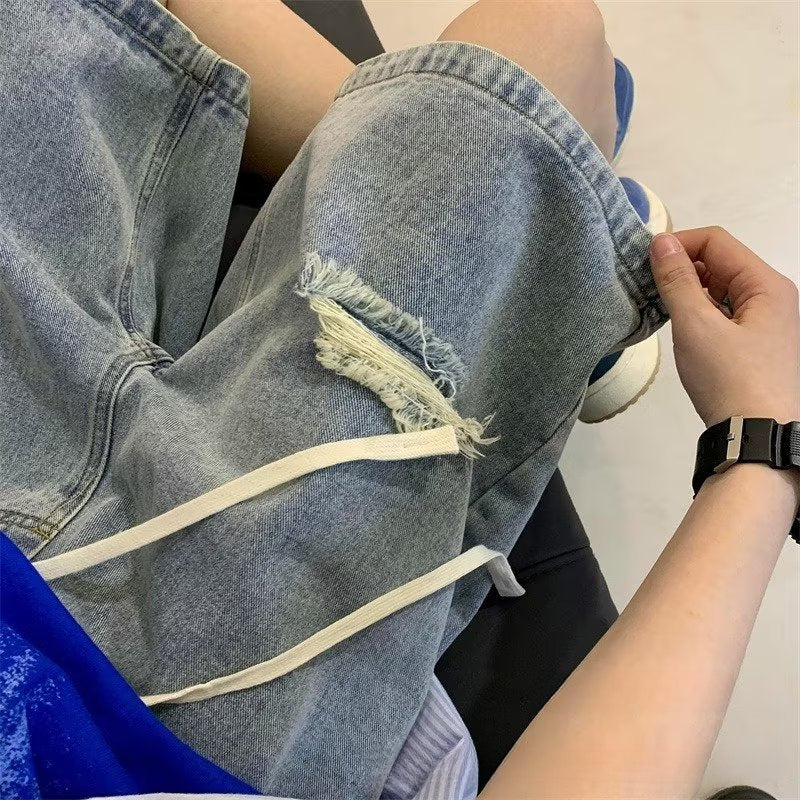 Men Jeans Light Blue Drawstring Ripped Denim Shorts Oversize