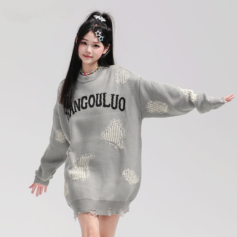 Women Sweater Distressed Loose All-Matching Knitted Sweater