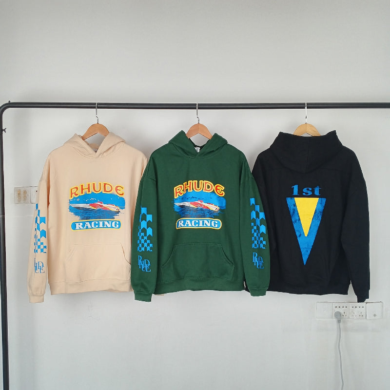 Rhude Hoodie Speedboat Plaid Sleeve Print Hooded Sweater