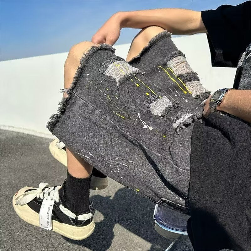 Men Jeans Ripped Denim Shorts Loose Casual Shorts