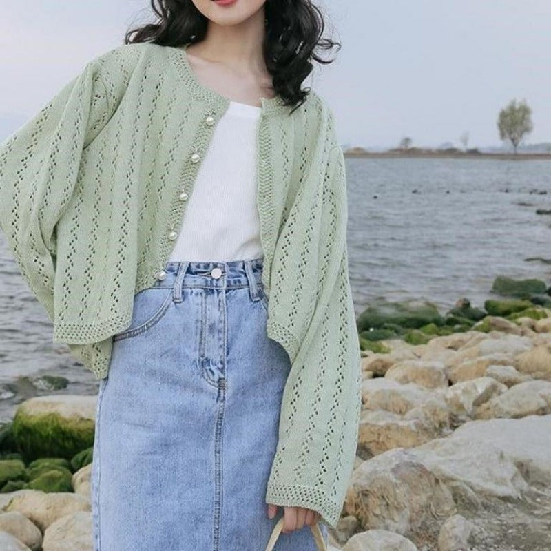 Women Knitted Cardigan Jacket Sun Protection Shirt Hollow Top