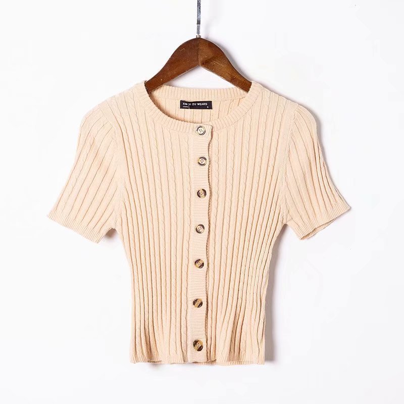 Women Sweater Knitwear Spring/Summer Slim Fit Small round Neck Single-Breasted Knitted Short-Sleeved Cardigan Jacket