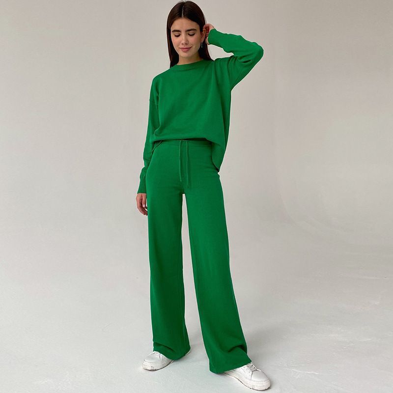 Women Work Business Casual Sweats Knitted Thin Casual Top Two-Piece Pants
