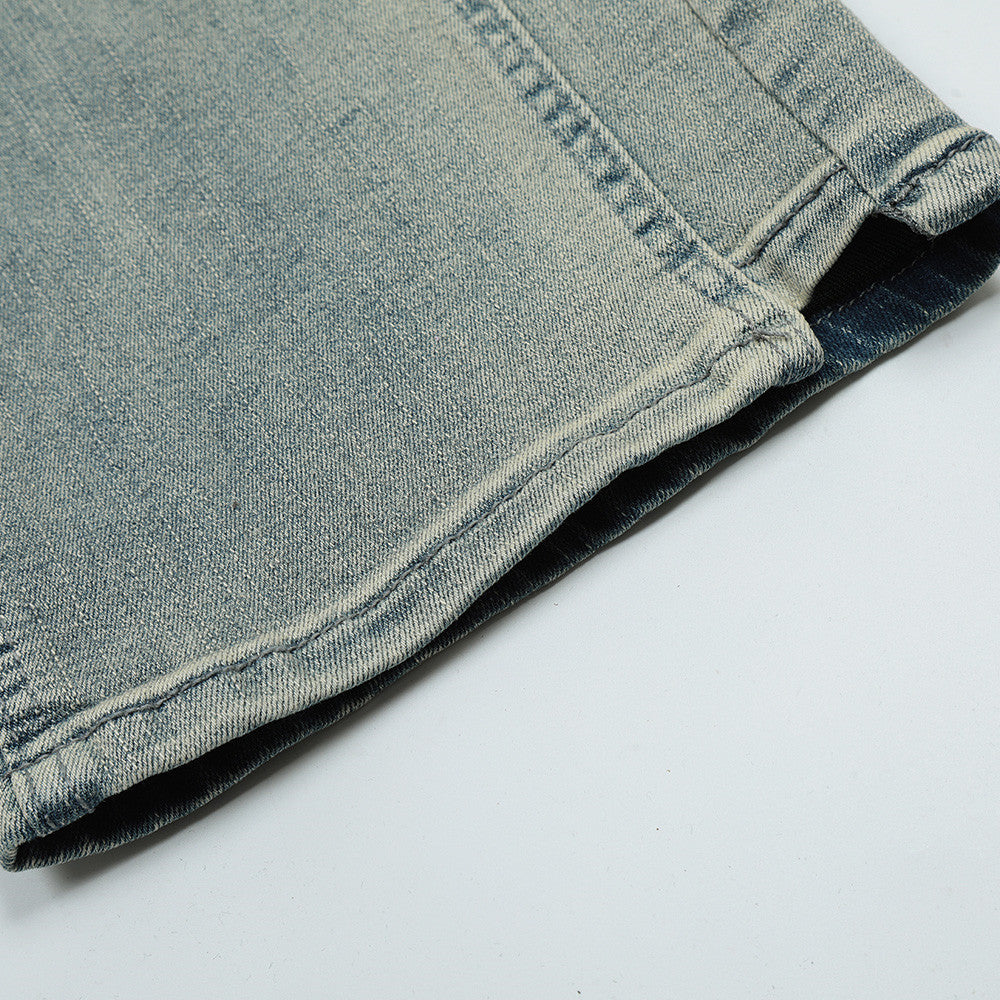 Men Jeans Bright White Loose Distressed Retro Patchwork