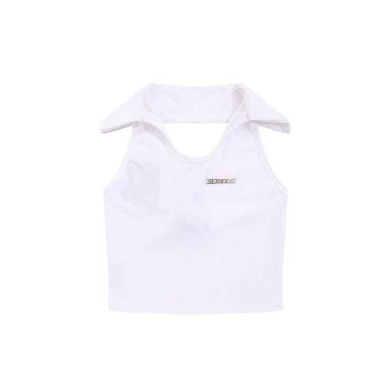Women Vest Solid Color Polo Collar Halter Sleeveless T-shirt