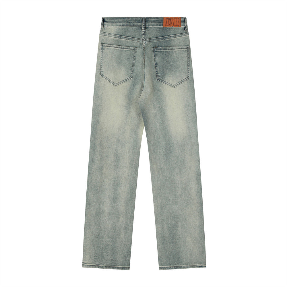 Men Jeans Bright White Loose Distressed Retro Patchwork