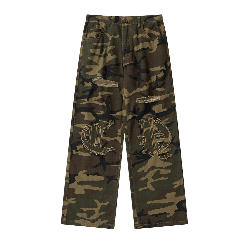 Men Sweatpants Casual Camouflage Camouflage Pants Men's Paste Cloth Embroidery Hole Straight Loose Trousers
