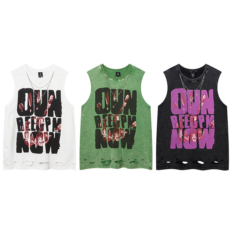 Men Vest Retro Alphabet Graffiti Ripped Vest