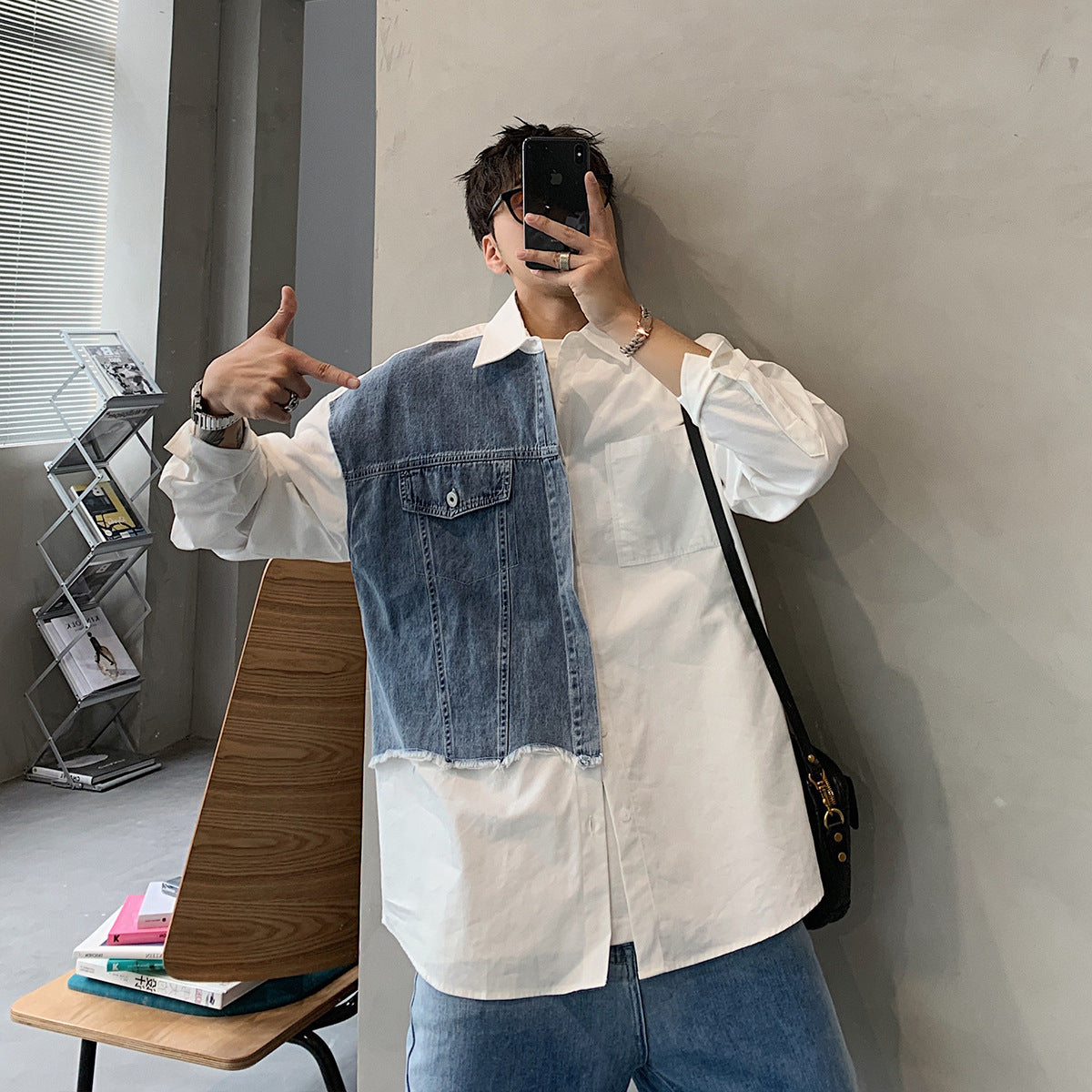 Men Shirts Retro Loose Stitching Long Sleeve Denim Coat