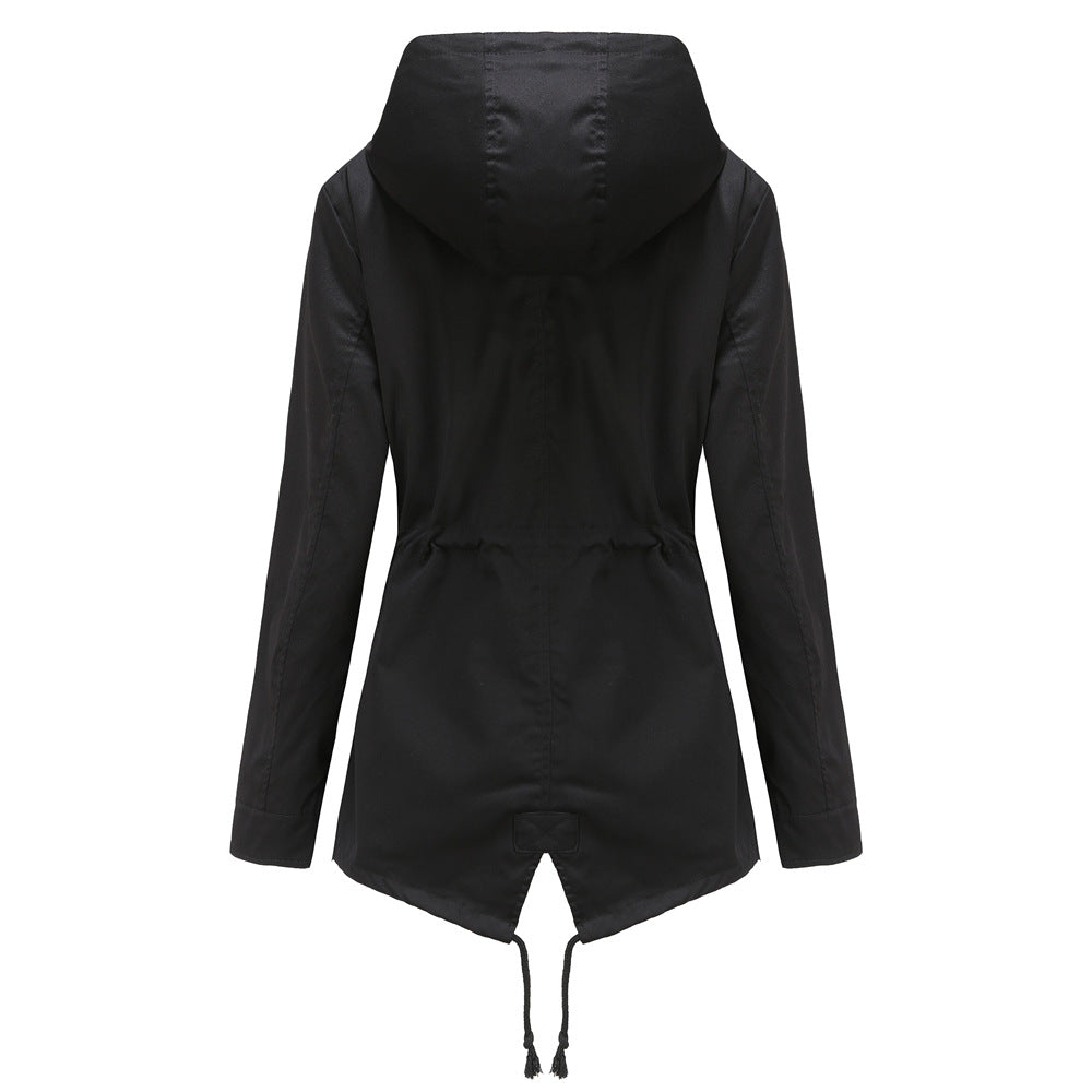 Women Trench Coat Mid-Length Hooded Jacket Long-Sleeved Raincoat