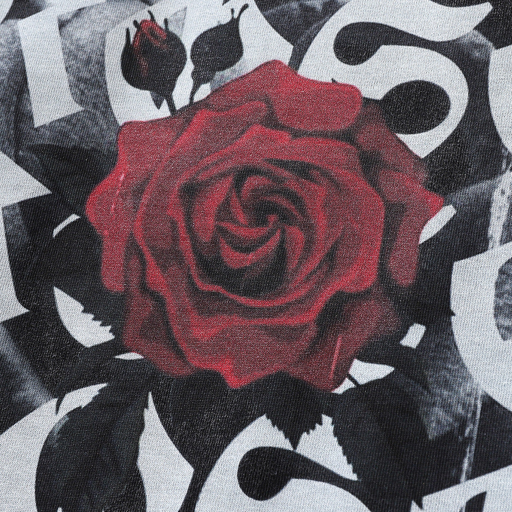 Men Long Sleeve T-Shirt Rose Pattern Loose Distressed Niche
