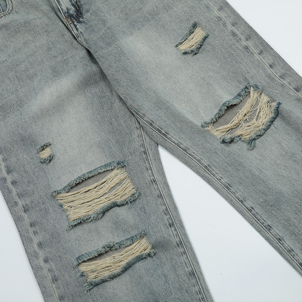 Men Jeans Ripped Distressed Loose Retro Leisure