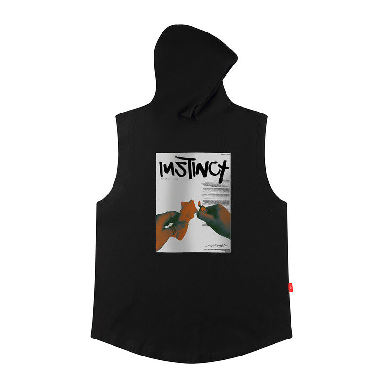 Men Vest Hooded Vest Retro Hip Hop Sleeveless T-shirt Men