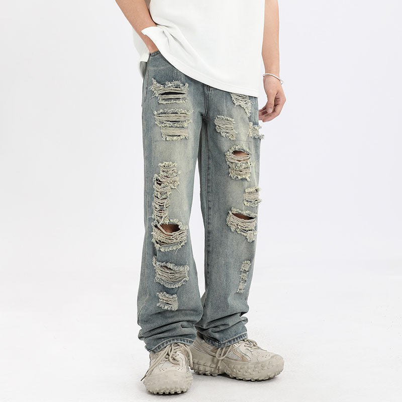 Men Jeans Ripped Jeans Vintage Distressed Straight-Leg Denim Trousers