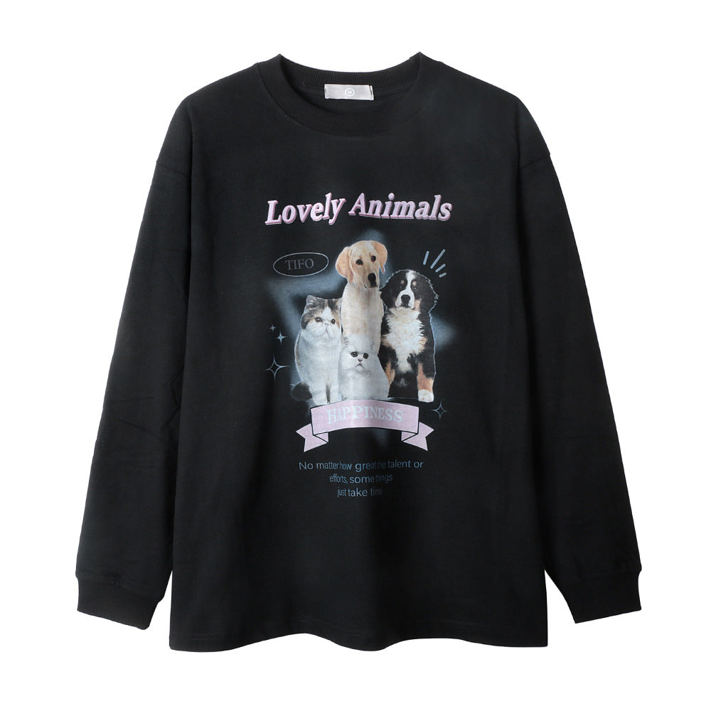 Men Long Sleeve T-shirt Dogs and Cats Animal Print Length Undershirt T-shirt