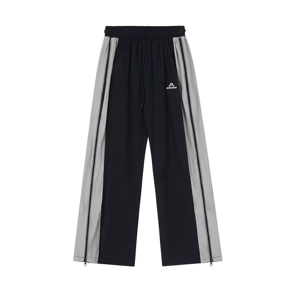 Men Sweatpants Side Zipper Stitching Casual Wide Leg Pants Elastic Waist Straight-Leg Trousers