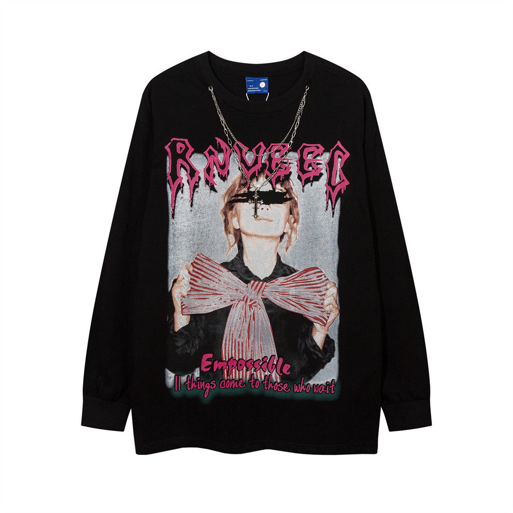 Men Long Sleeve T-Shirt Rapper Printed Chain Decorative Hip Hop