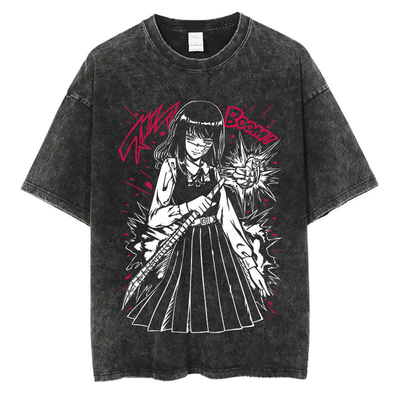 Anime Chainsaw Men Washed Tshirt Retro Hip Hop Streetwear