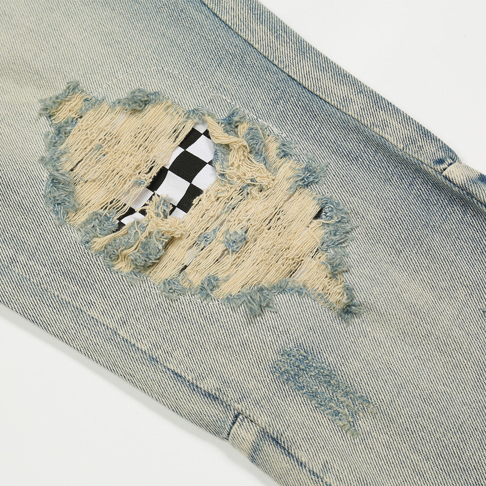 Men Jeans Hole & Patch Washed Worn Jeans Men's Zipper Split Casual Tights Trendy Slim Fit Skinny Pants