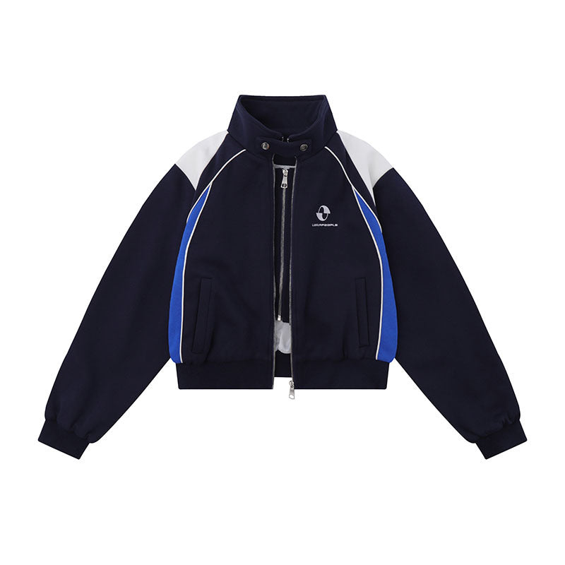 Women Jackets Color Stitching Stand-Collar Zipper Vintage