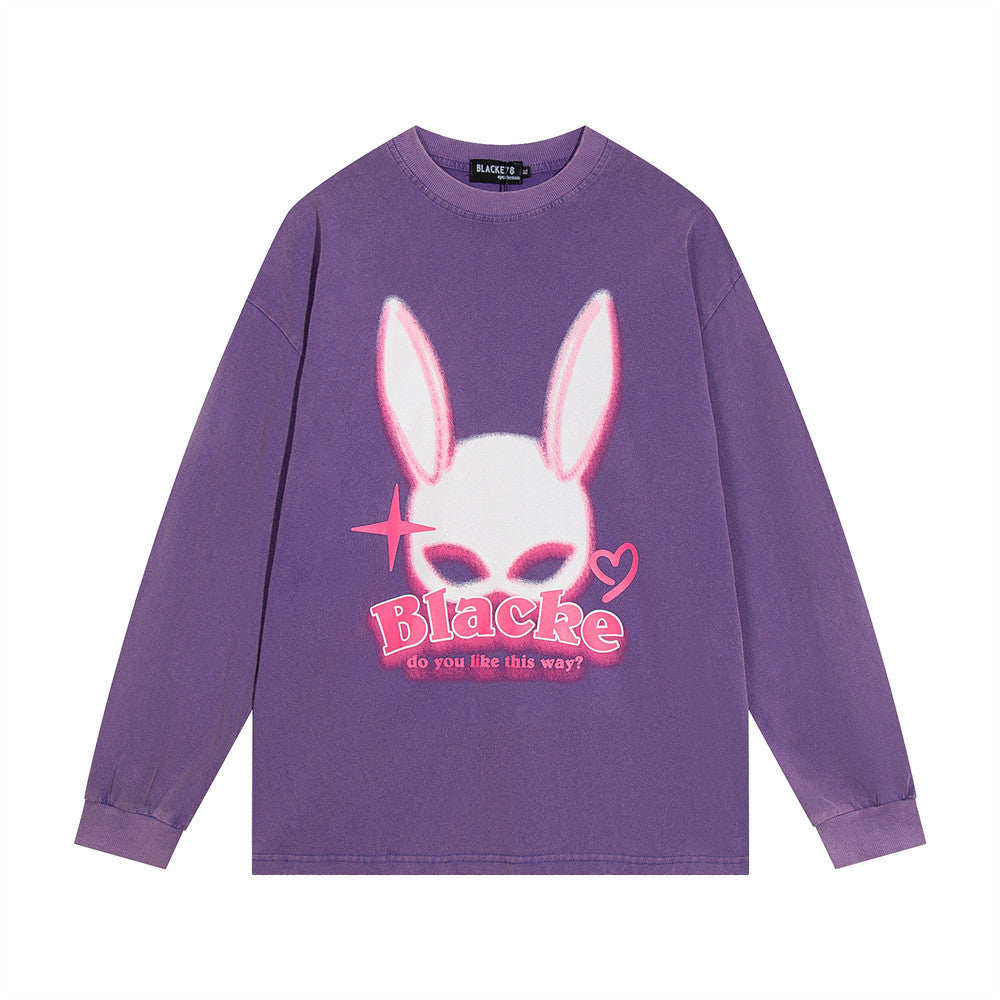 Men Long Sleeve T-Shirt Rabbit Ear Print Washed and Worn