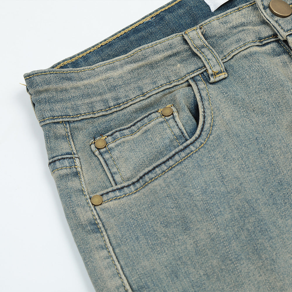 Men Jeans Bell-Bottom Pants Distressed Loose Casual Retro